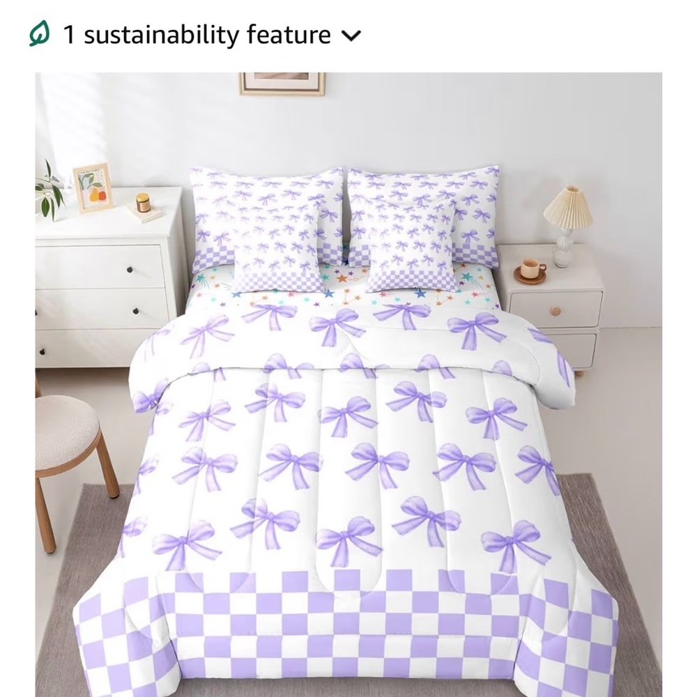 Lilac Bow Pattern Comforter Set - White and Lilac